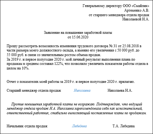 Обращение к руководителю с просьбой о повышении зарплаты образец