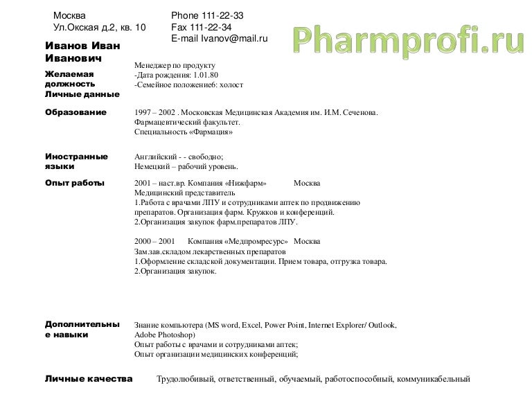 Резюме образец на работу медицинской сестры с опытом работы