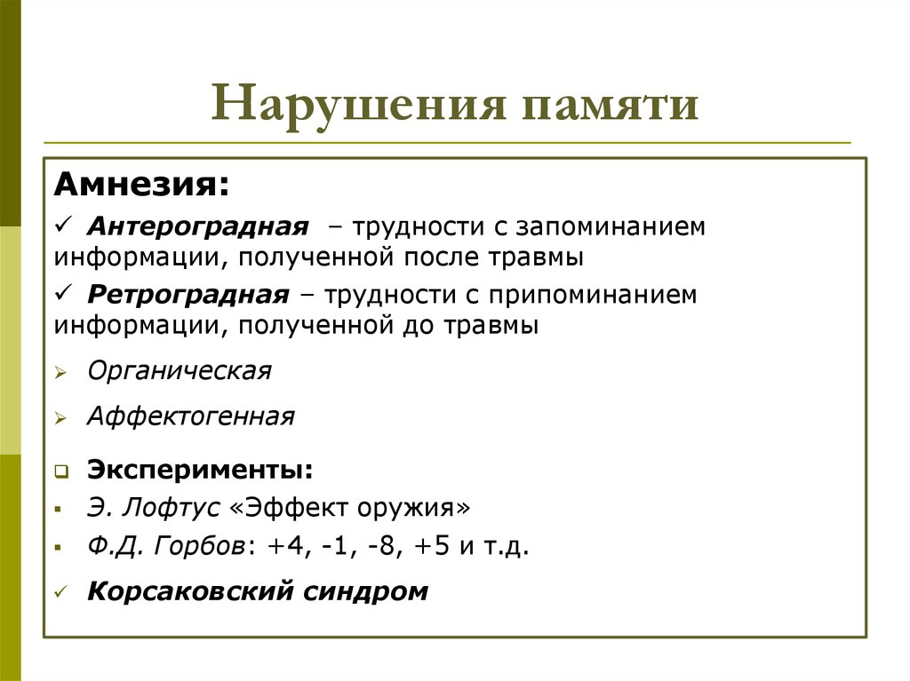 Нарушение памяти на текущие события. Нарушение памяти. Амнезия нарушение памяти. Виды расстройств памяти. Нарушения памяти в психологии.