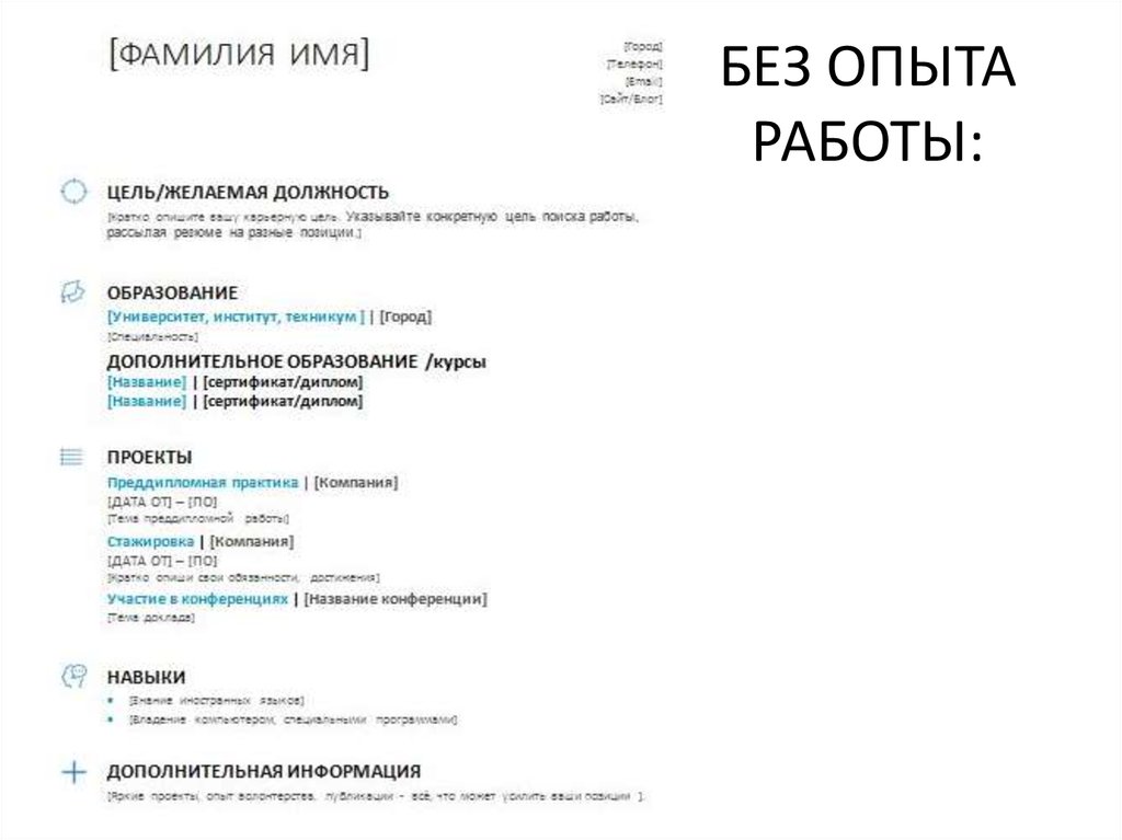 Резюме для студента без опыта работы образец